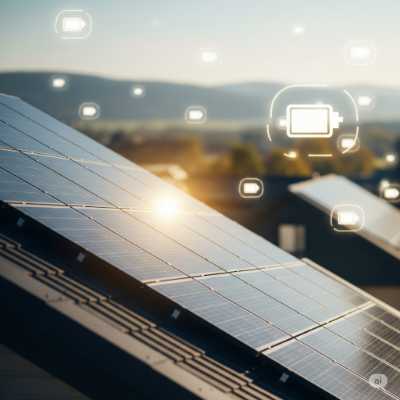 Paneles solares en el tejado de una casa bajo el sol, símbolo de ahorro y energía limpia.