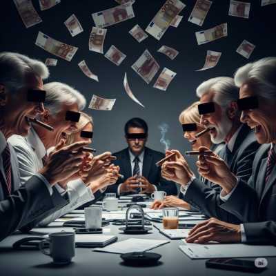 Representación visual de directivos de una empresa energética enriqueciéndose a costa de los consumidores.