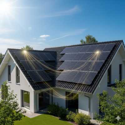 Imagen de una casa con placas solares instaladas en el tejado, simbolizando el ahorro de energía a largo plazo a pesar del coste de inversión inicial