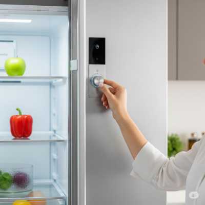 Persona regulando el termostato del frigorífico o nevera, uno de los tips para bajar el consumo de energía gratis.