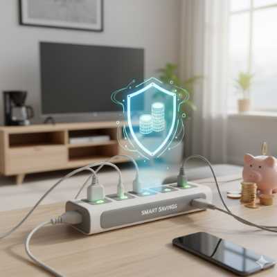 Regleta inteligente con interruptor. Símbolo ahorro consumo fantasma. Reducir recibo luz.